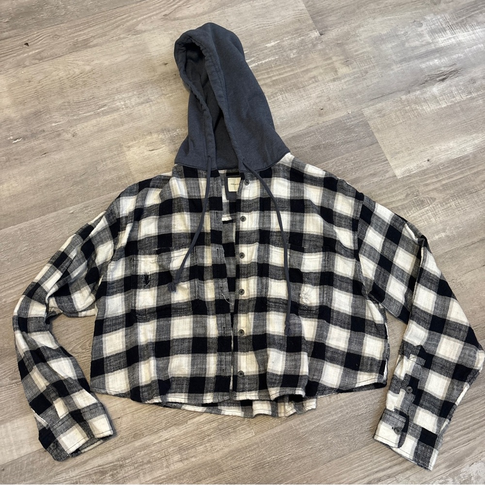 American Eagle Blue & White Plaid Hooded Shirt